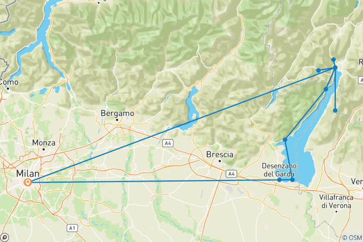 Map of Lake Garda Self-Drive with Electric Car (from Milan)