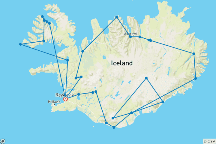 Kaart van Rondreis langs de IJslandse ringweg en de ruige Westfjorden – 9 dagen