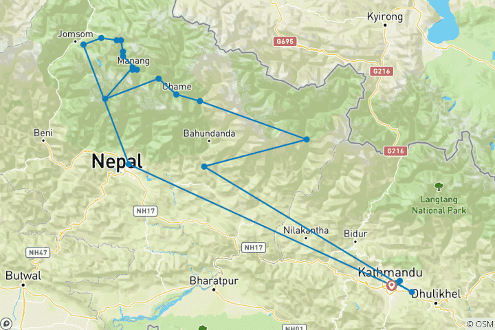 Mapa de Ruta de senderismo por el Circuito del Annapurna - 14 días