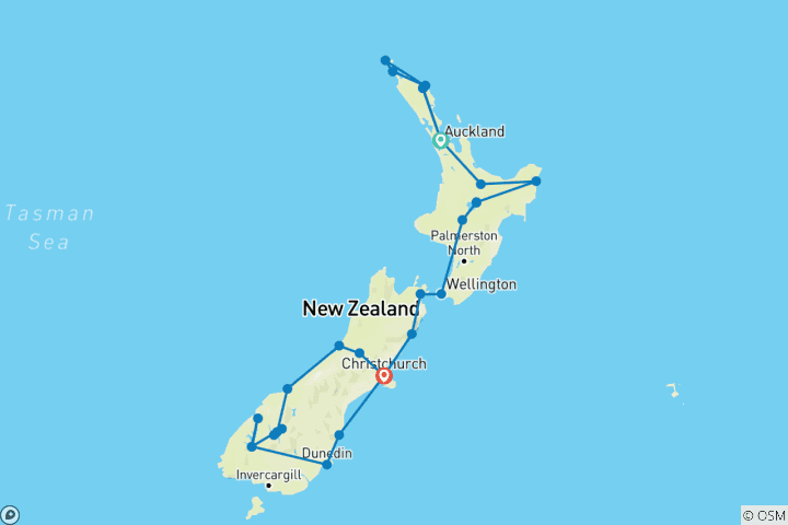 Kaart van Nieuw-Zeeland per trein, cruise en bus – 19 dagen