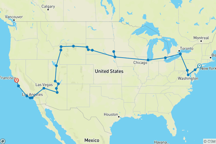 Kaart van Van New York naar San Francisco – 20 dagen