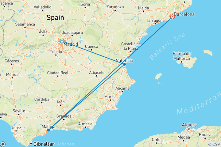 Kaart van Grote Ontdekkingsreis door Spanje – 10 dagen Madrid, Valencia, Málaga & Barcelona