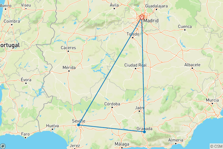 Mapa de Circuito por lo mejor de España: Madrid, Sevilla y Granada, 7 días / 6 noches