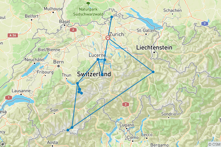 Karte von 9-tägige Schweiz-Rundreise mit dem Glacier Express (2 Übernachtungen in Zermatt, 2 Übernachtungen in Interlaken, 2 Übernachtungen in Luzern und Zürich)
