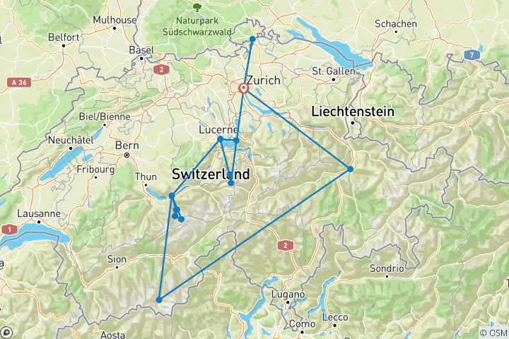 Kaart van 9-daagse rondreis door Zwitserland met de Glacier Express (1 nacht in Zermatt, 2 nachten in Interlaken, 2 nachten in Luzern en Zürich)