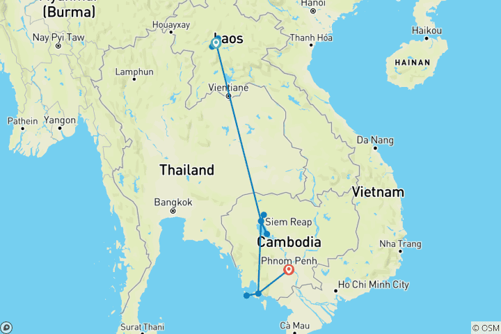 Map of Round-Trip & Beach Vacation – Laos & Cambodia Flight Included