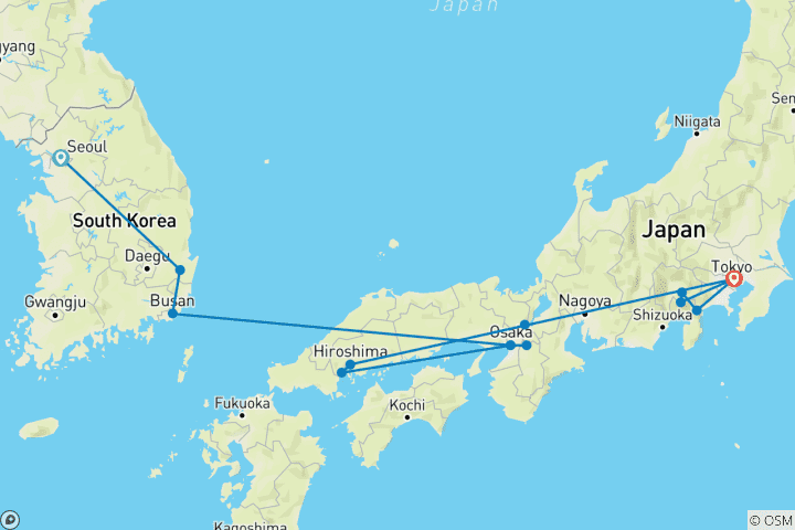 Map of Japan & South Korea Cherry Blossom Tour