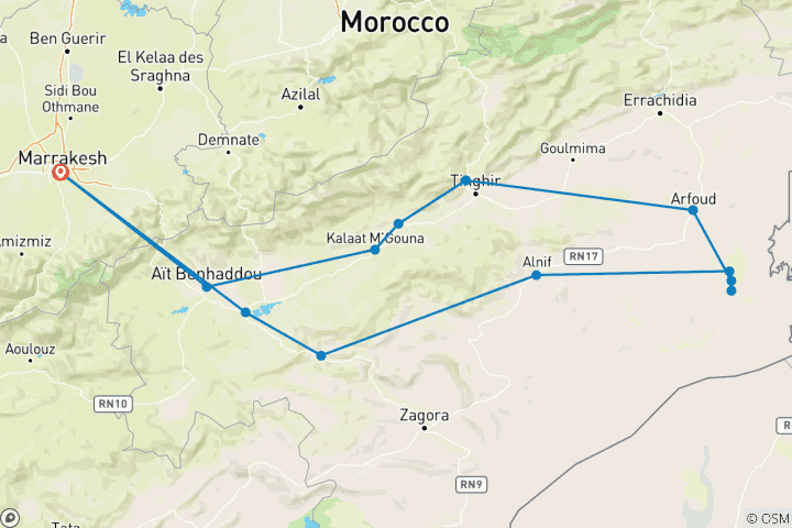 Mapa de Excursión privada de 4 días al desierto de Merzouga y a un campamento de lujo desde Marrakech