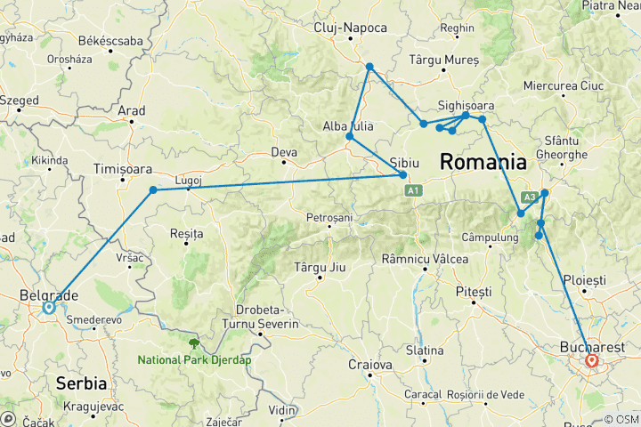 Map of Premium Belgrade to Bucharest  (including Azuga)