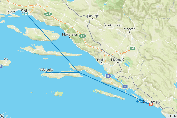 Kaart van Premium – van Split naar Dubrovnik (8 bestemmingen)