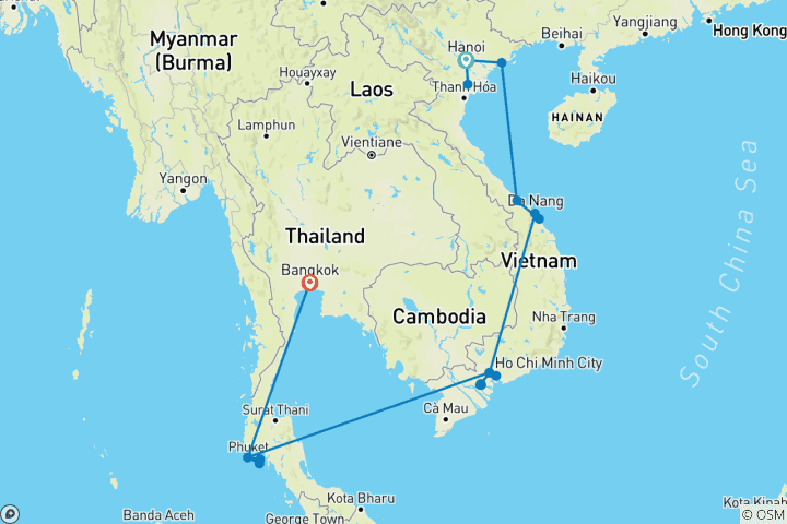 Mapa de Vietnam y Tailandia: encrucijada cultural - 15 días