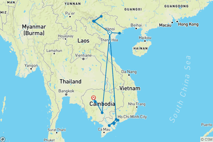 Kaart van Avontuur in Vietnam en Cambodja – 15 dagen