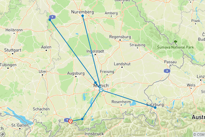 Kaart van München, Neurenberg, Salzburg, Rothenburg & Neuschwanstein Linderhof – 8 dagen