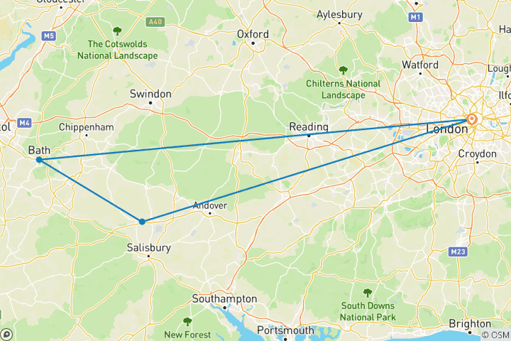 Carte du circuit Circuit de 3 jours à Stonehenge et Bath au départ de Londres, avec hébergement à l'hôtel, petit-déjeuner et billets d'entrée