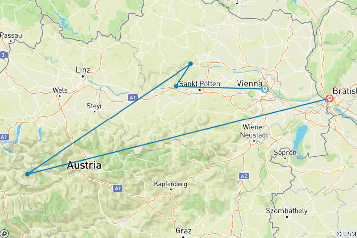Carte du circuit 7 jours à Vienne, avec la vallée du Danube et Bratislava