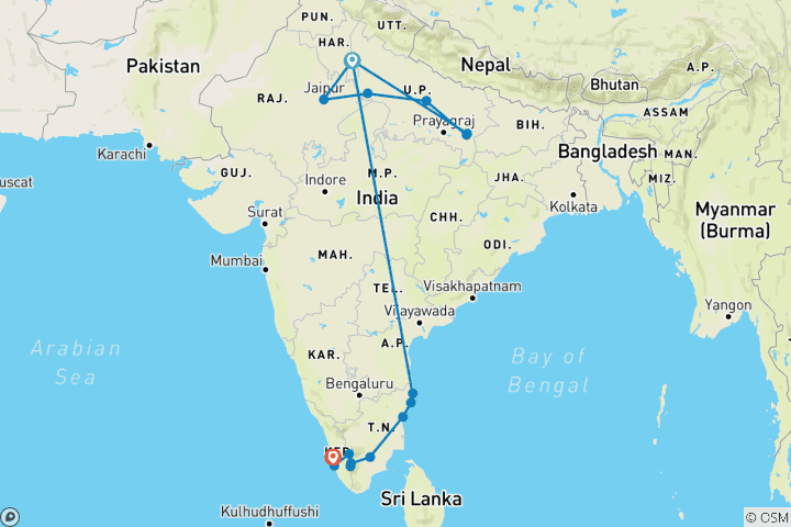 Carte du circuit Premium Inde du Nord et du Sud (16 destinations)