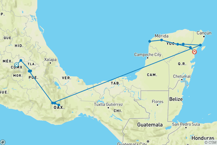 Carte du circuit Premium Mexique en profondeur (16 destinations)