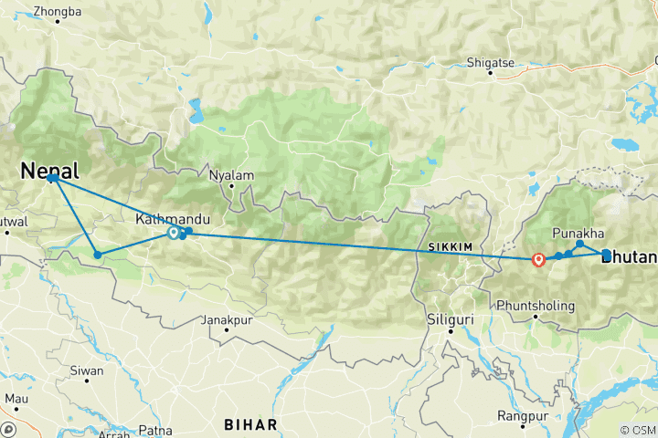 Carte du circuit Premium Népal et; Bhoutan (20 destinations)