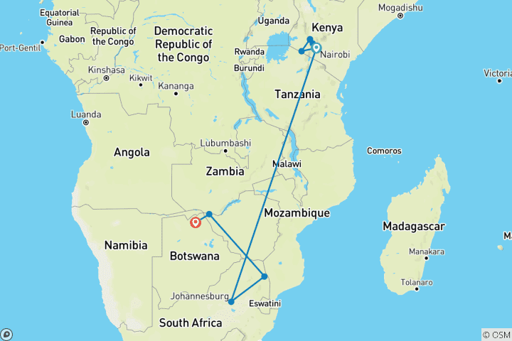 Carte du circuit Premium Kenya et; Southern Africa Highlights (from Nairobi to Parc national de Chobe)