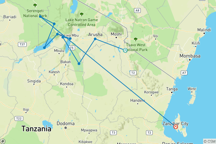 Mapa de Safari en Tanzania con el Serengeti - Grupo reducido (Grupos reducidos, con Zanzíbar)