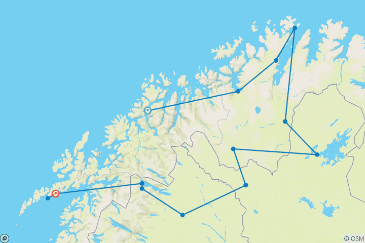 Carte du circuit Cap Nord - Circuit découverte de 11 jours
