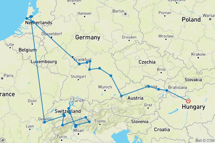 Mapa de Suiza en tren con Magnificent Europe: Zúrich - Budapest (2028)