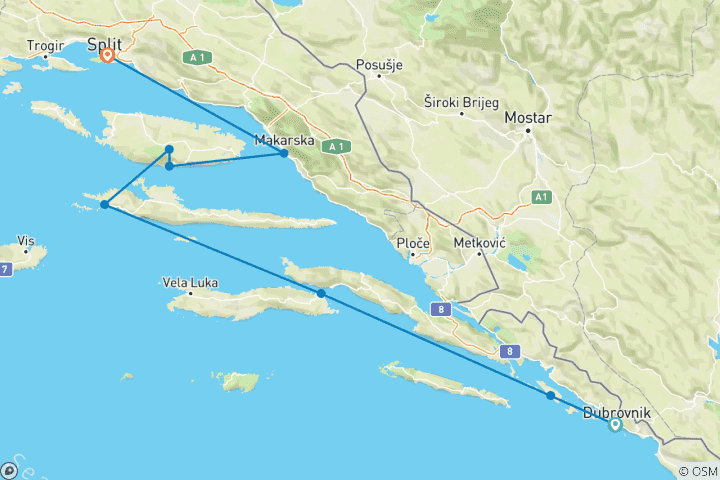Carte du circuit Aventure adriatique : Dubrovnik → Split (2028)