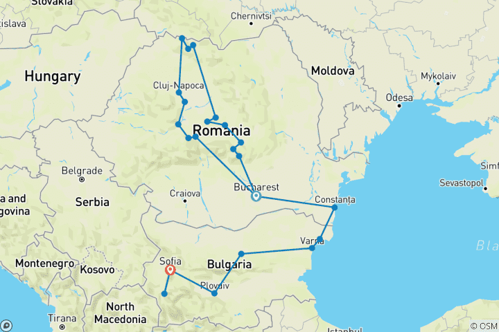 Mapa de Viaje de 2 semanas por Rumanía y Bulgaria (grupo reducido)