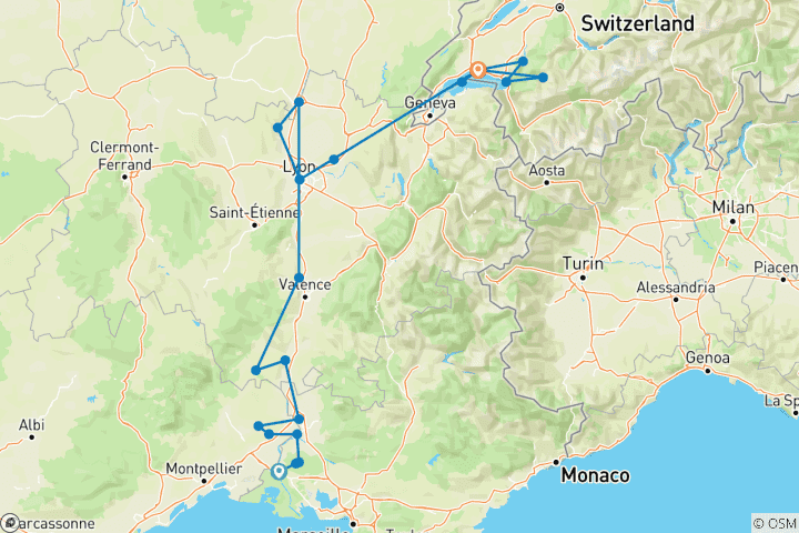 Karte von Eindrücke aus Lyon und der Provence mit den Schweizer Bergen  - 12 Tage (22 Destinationen)