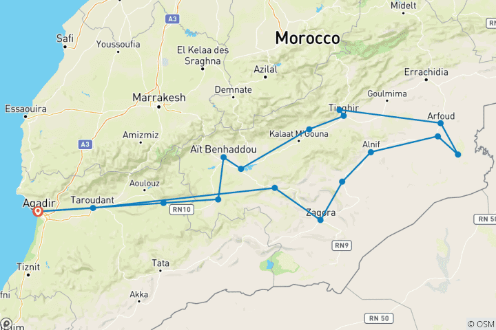 Map of From Agadir 4- Days Tour to the Desert