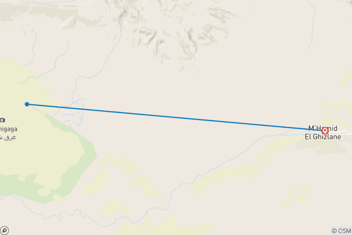 Kaart van 2-daagse Erg Chigaga-woestijntocht vanuit Mhamid