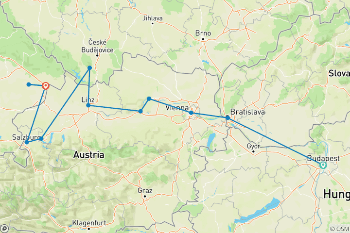 Mapa de Lo más destacado del Danubio: Budapest → Múnich (2028)