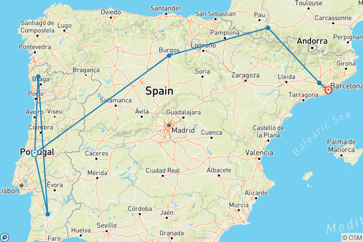Mapa de Peregrinación a Fátima y Lourdes con Barcelona  (de Fátima a Barcelona) (2027)