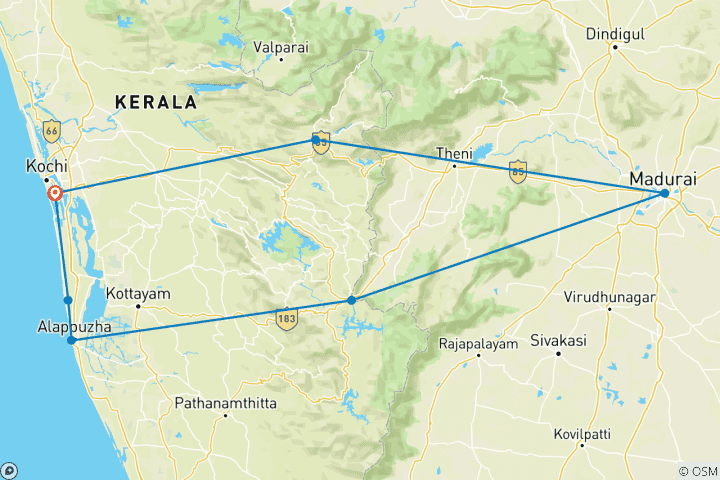 Map of Kerala Heritage, Backwaters and Hill Country