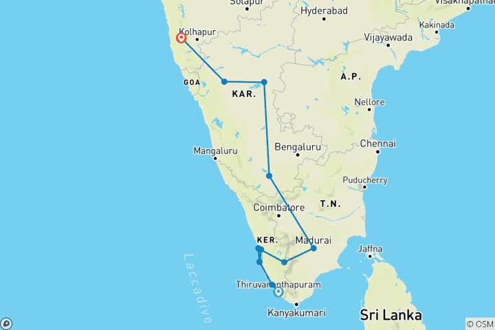 Map of South India Revealed (12 destinations)