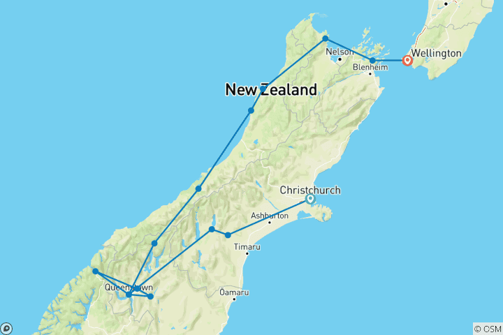 Map of Essential New Zealand: South Island (15 destinations)