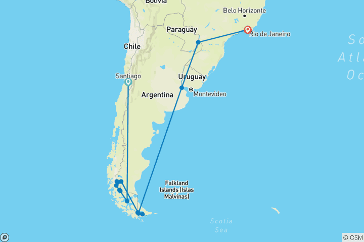 Karte von Patagonien: Eine Reise ans Ende der Welt mit den Iguazú-Wasserfällen und Rio