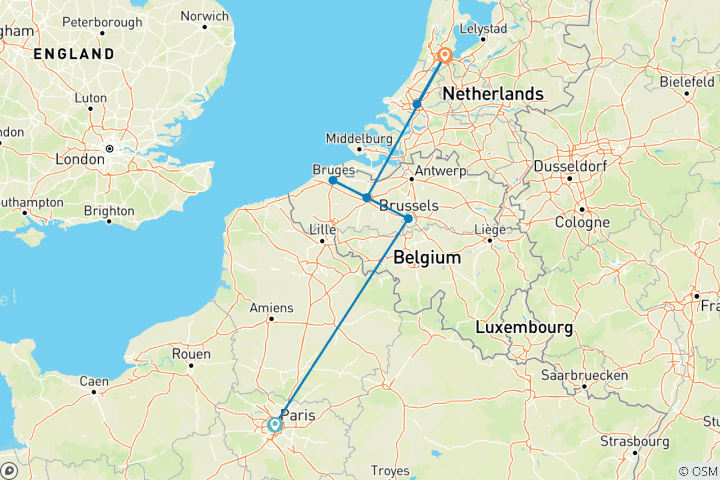 Map of Paris to Amsterdam (8 destinations)