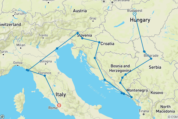 Carte du circuit De Budapest à Rome (27 destinations)