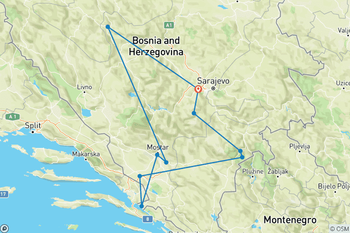 Carte du circuit La Bosnie sauvage – Aventures dans les montagnes et les villes
