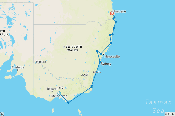 Map of Melbourne to Brisbane Adventure (including Gold Coast)