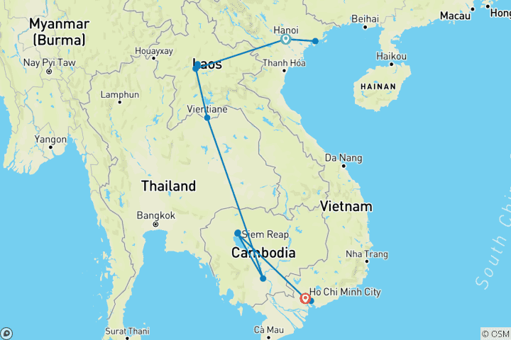 Karte von Entdecken Sie in 20 Tage die kulturellen und natürlichen Sehenswürdigkeiten Vietnams, Laos’ und Kambodschas