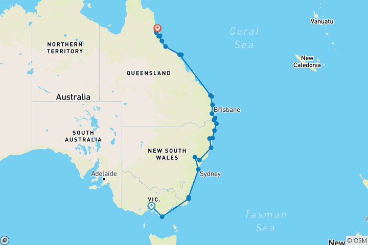 Carte du circuit Aventure de Melbourne à Cairns (29 destinations)