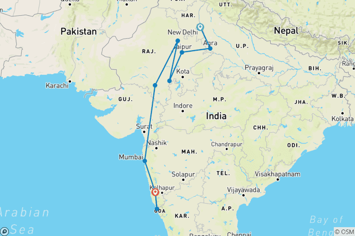 Carte du circuit Aventure culinaire en Inde (from Delhi to Goa)