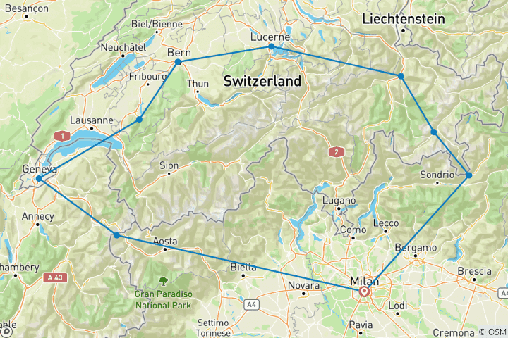 Mapa de Tour de 4 días por Suiza desde Milán