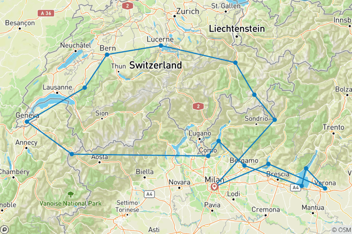 Mapa de Circuito de 7 días por Suiza y los lagos del norte