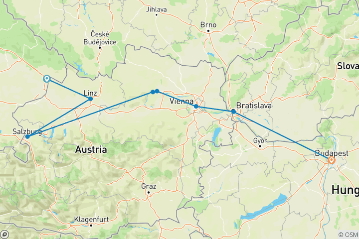 Carte du circuit Marchés de Noël du Danube (2028) (de Passau à Budapest, 2028)