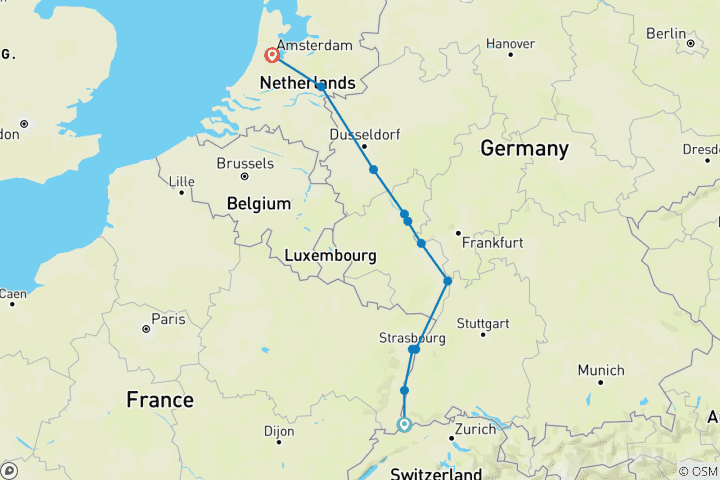Carte du circuit Les châteaux le long du Rhin et Amsterdam (2028) (De Bâle à Amsterdam, 2028)