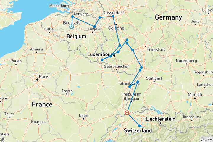 Kaart van Grote ontdekkingsreis langs de Rijn, de Moezel en België (2028, van Brussel naar Bazel)
