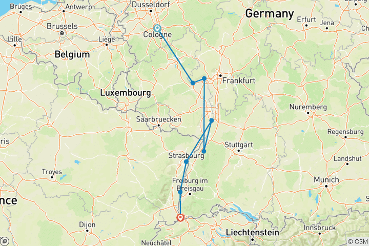 Mapa de Mercados navideños del Rin (2028) (De Colonia a Basilea, 2028)